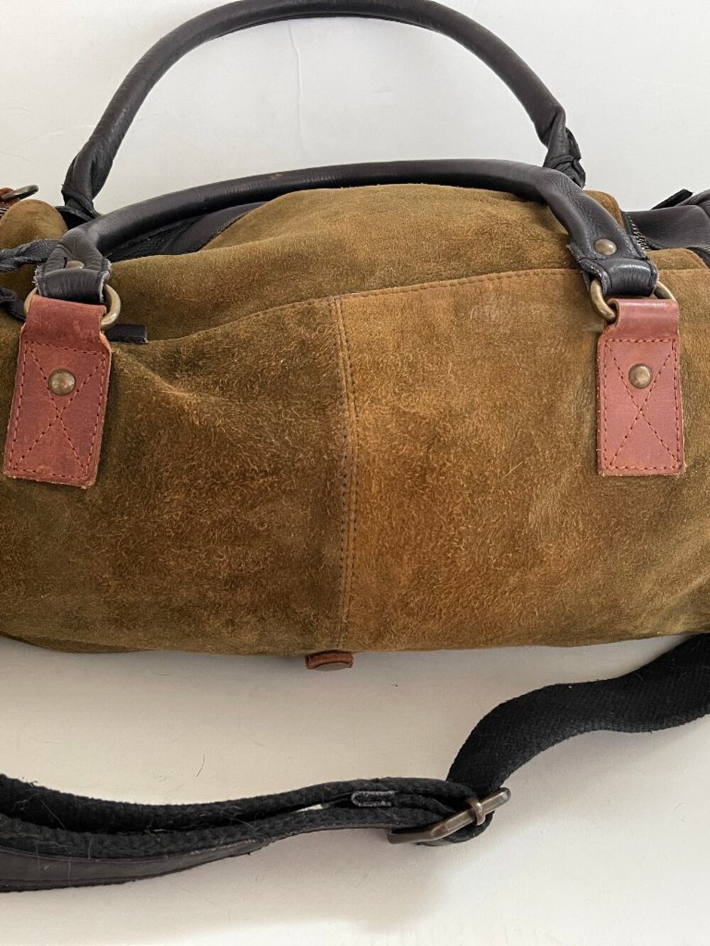 FREE PEOPLE Olive Green Suede with Brown & Black Leather Tote/Travel Bag - Picture 4 of 11